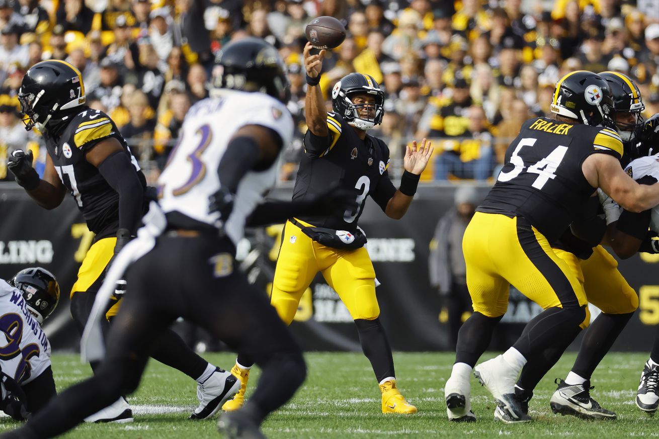 Russell Wilson #3 of the Pittsburgh Steelers looks to pass in the first quarter of a game against the Baltimore Ravens at Acrisure Stadium on November 17, 2024 in Pittsburgh, Pennsylvania.