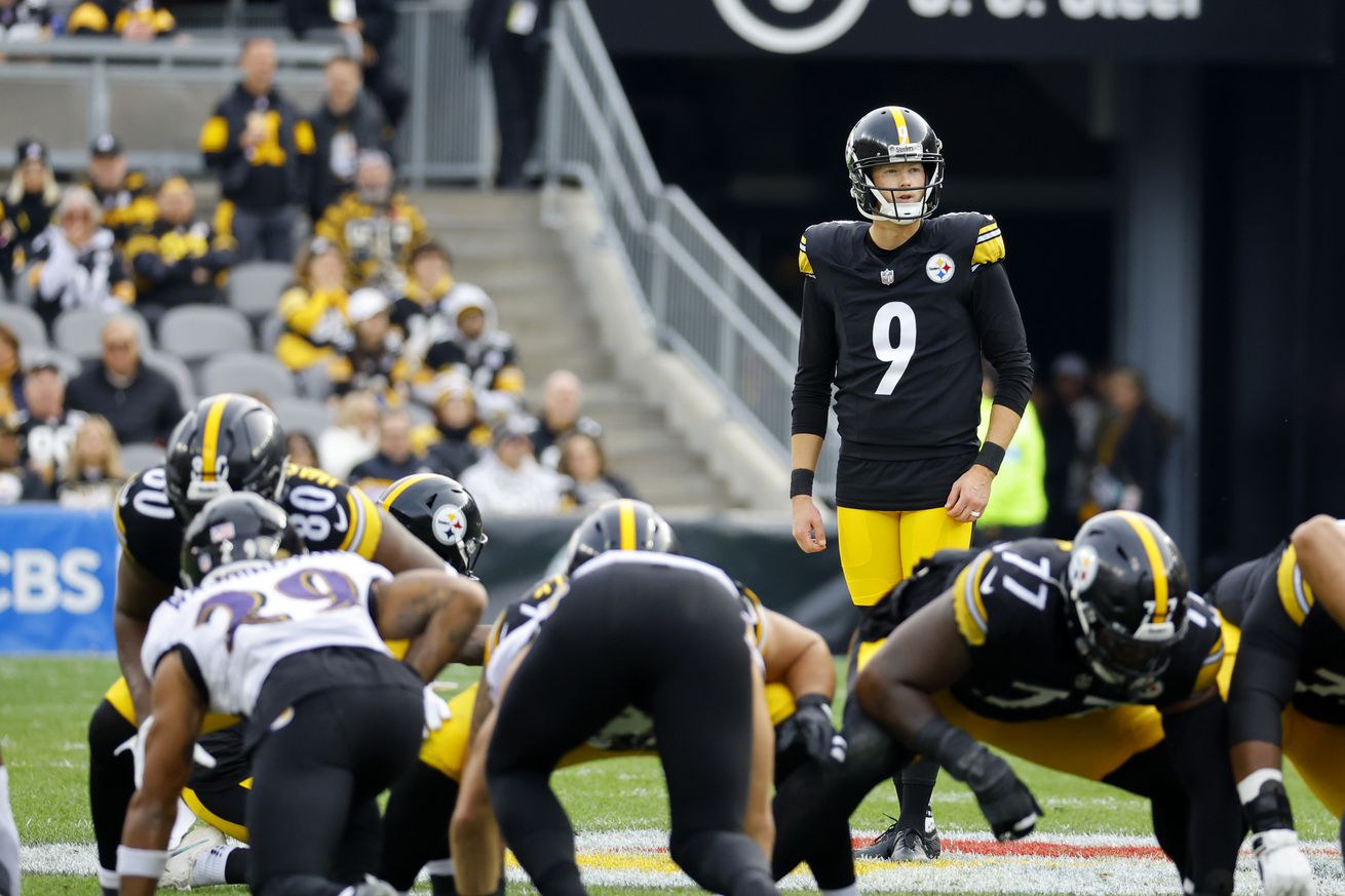 Chris Boswell #9 of the Pittsburgh Steelers in action against the Baltimore Ravens on November 17, 2024 at Acrisure Stadium in Pittsburgh, Pennsylvania.