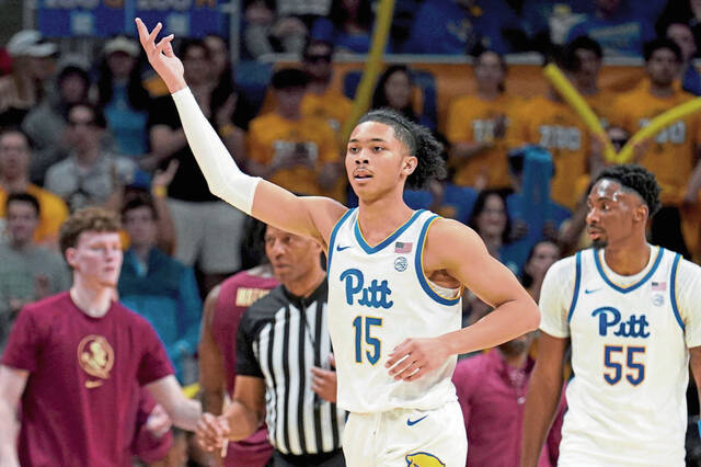 Pitt’s Jaland Lowe reacts during a game against Florida State last season.