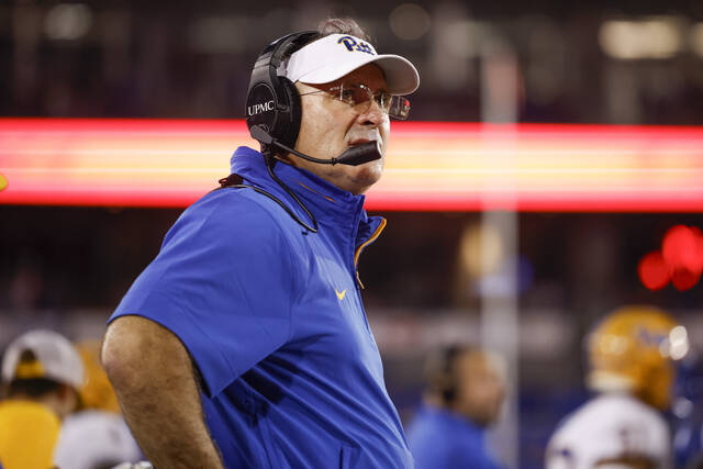 Pitt head coach Pat Narduzzi stands on the sideline during the first half of an NCAA college football game against SMU in Dallas, Saturday, Nov. 2, 2024.