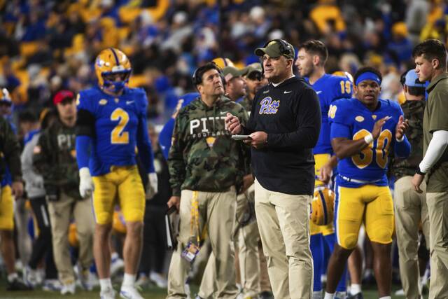 Pitt head coach Pat Narduzzi watches from the sidelines during their game against Virginia on Saturday, Nov. 9, 2024 at Acrisure Stadium.