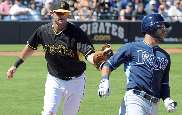 Pirates first baseman Matt Hague tags out Tampa Bay’s Kevin Kiermaier during their game Saturday, March 1, 2014, at McKechnie Field in Bradenton, Fla.