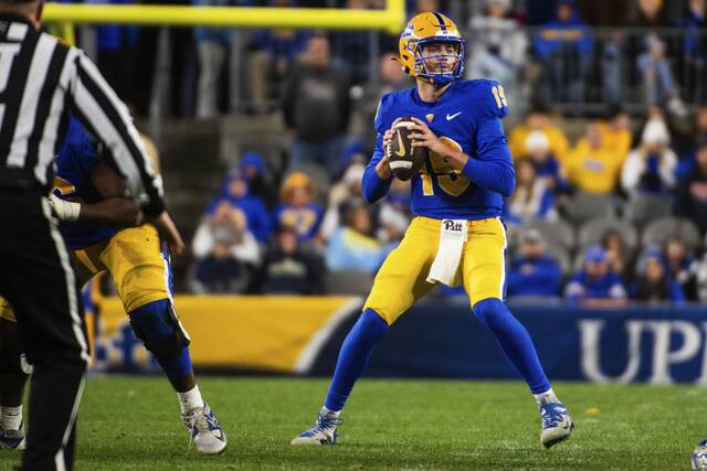 Pitt’s Nate Yarnell throws against Virginia after starting quarterback Eli Holstein was sidelined with head injury against Virginia on Saturday, Nov. 9, 2024 at Acrisure Stadium.