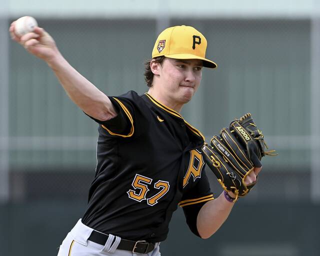 Pirates pitcher Bubba Chandler throws during a workout on Feb. 16, 2024, at Pirate City.