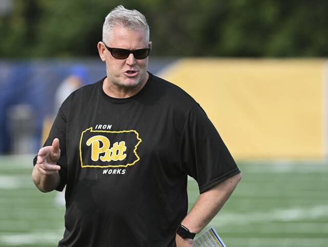 Former Pitt offensive coordinator Frank Cignetti Jr. shown during the first day of practice Aug. 2, 2023 at UPMC Rooney Sports Performance Complex.