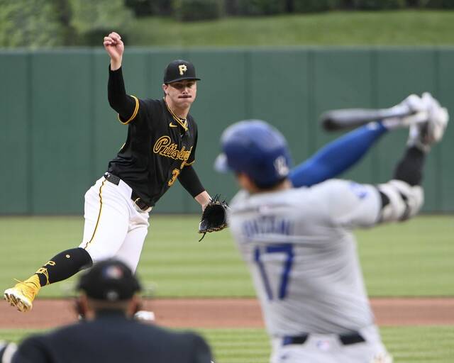 Pirates pitcher Paul Skenes strikes out the Dodgers’ Shohei Ohtani swinging during the first inning on June 5, 2024, at PNC Park.