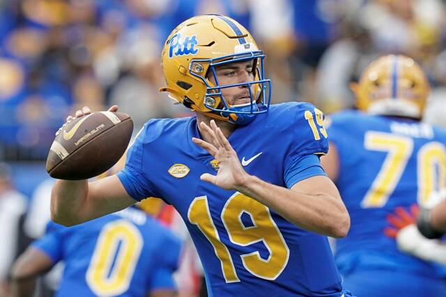 Pittsburgh quarterback Nate Yarnell (19) looks to throw during the first half of an NCAA college football game against Clemson, Saturday, Nov. 16, 2024, in Pittsburgh. (AP Photo/Matt Freed)