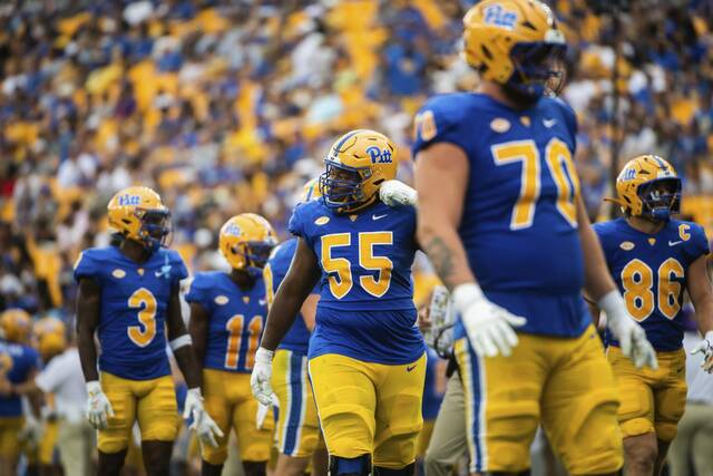 Pitt’s BJ Williams (55) takes the field between plays on Saturday, Aug. 31, 2024 at Acrisure Stadium.