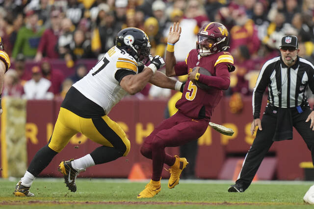 Pittsburgh Steelers defensive tackle Cameron Heyward sacks Washington Commanders quarterback Jayden Daniels during a game Nov. 10 in Landover, Md. Heyward, at age 35, is having one of his most effective seasons.