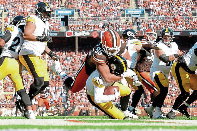 From Nov. 19, 2023: Browns defensive end Myles Garrett sacks Steelers quarterback Kenny Pickett during a game in Cleveland.