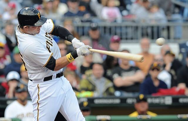 The Pirates’ Matt Hague singles for his first Major League hit to tie the game during the eighth inning against the Phillies on April 8, 2012 at PNC Park.