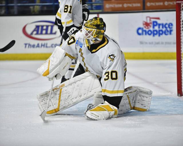 Wilkes-Barre/Scranton Penguins goaltender Joel Blomqvist made 23 saves in a 5-0 win against the Bridgeport Islanders at Mohegan Sun Arena in Wilkes-Barre on Friday.