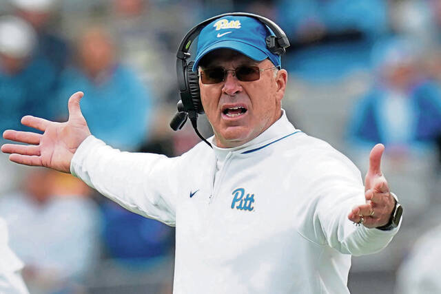 Pitt coach Pat Narduzzi reacts to a call during the first half of an NCAA college football game against Clemson, Saturday, Nov. 16, 2024, in Pittsburgh.