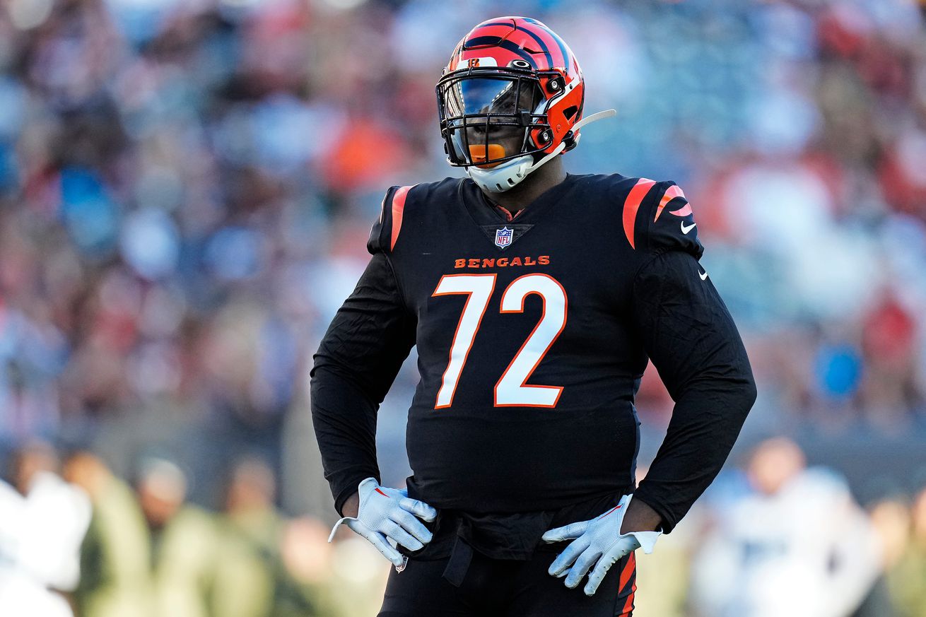 Cincinnati Bengals defensive tackle Domenique Davis (72) waits between plays in the fourth quarter during a Week 9 NFL game, Sunday, Nov. 6, 2022, at Paycor Stadium in Cincinnati. 