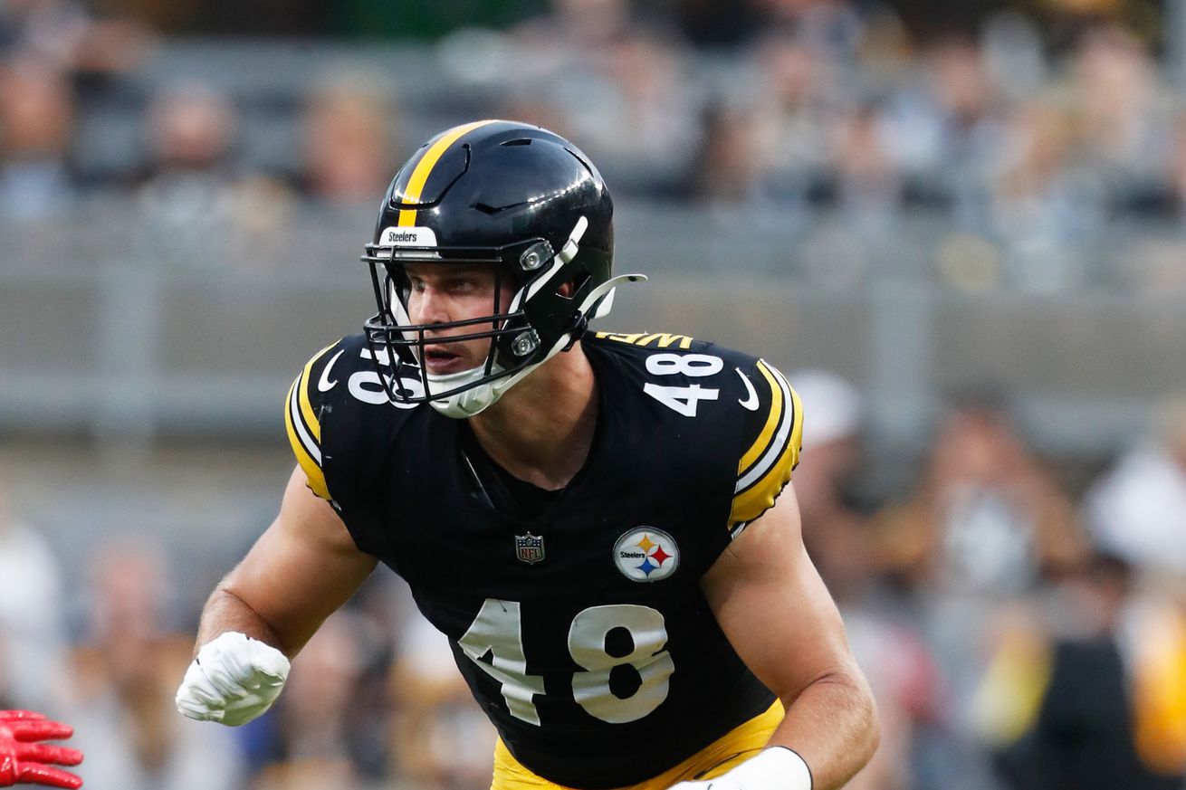 Pittsburgh Steelers linebacker Julius Welschof (48) pass rushes at the line of scrimmage against the Buffalo Bills during the second quarter at Acrisure Stadium.