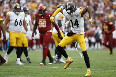 Pittsburgh Steelers wide receiver George Pickens (14) celebrates after making a catch against the Washington Commanders during the second half at Northwest Stadium.