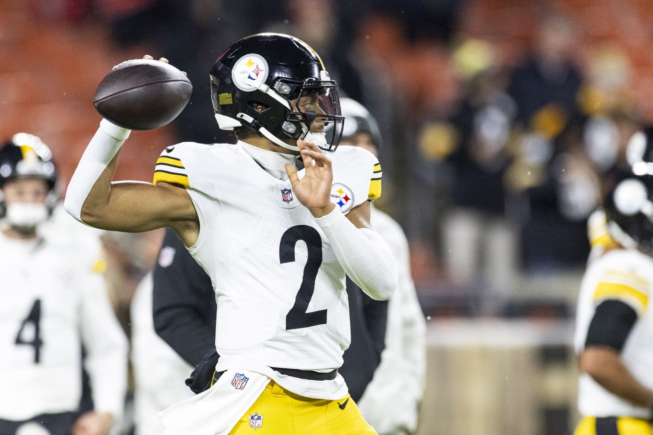 Pittsburgh Steelers quarterback Justin Fields (2) throws the ball during warm ups before the game against the Cleveland Browns at Huntington Bank Field Stadium. 