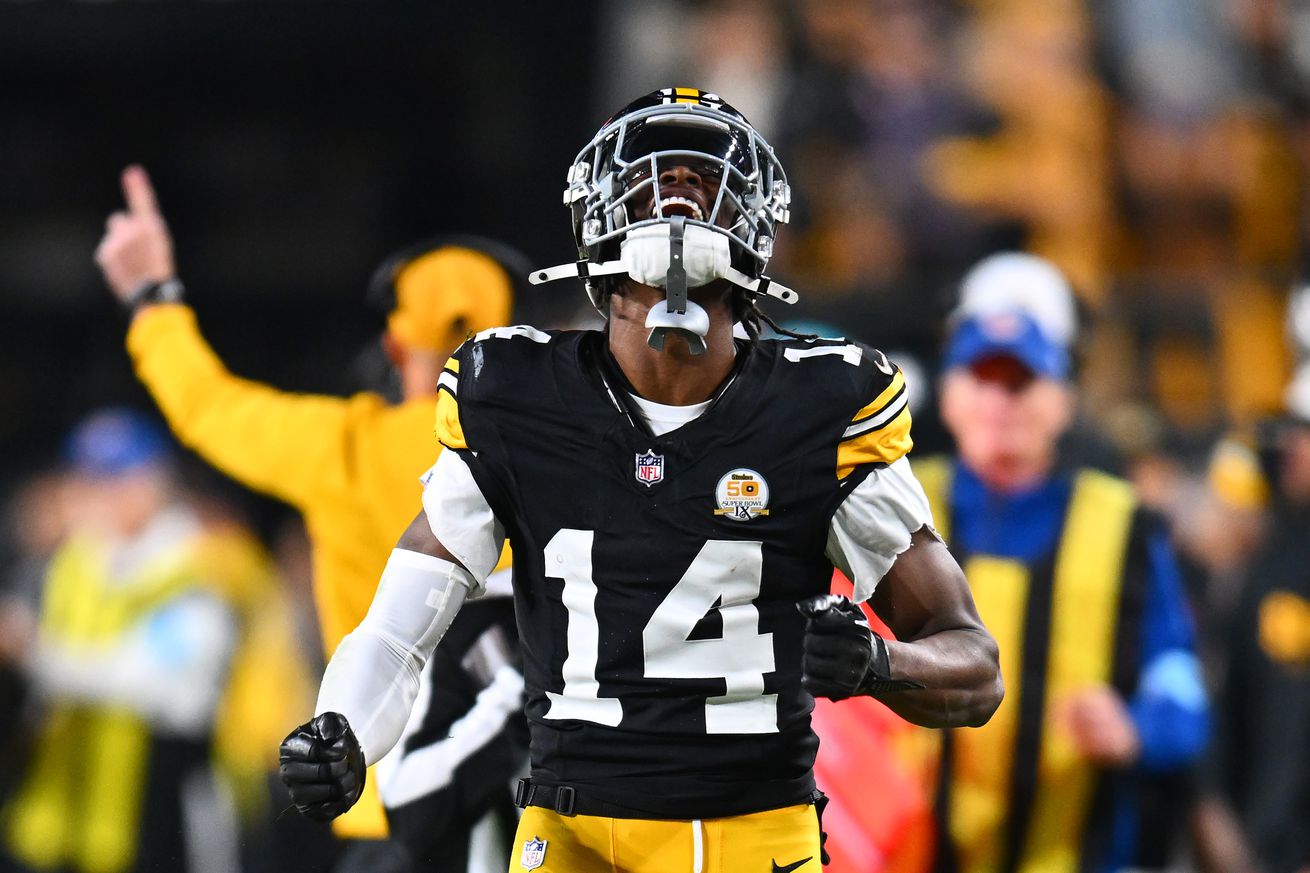 George Pickens #14 of the Pittsburgh Steelers reacts after a first down during the second quarter against the New York Jets at Acrisure Stadium on October 20, 2024 in Pittsburgh, Pennsylvania.