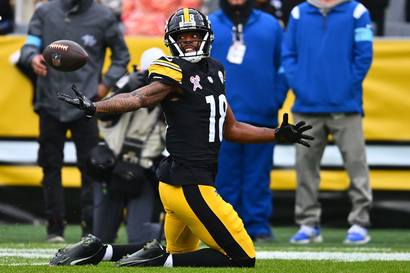 Mike Williams #18 of the Pittsburgh Steelers drops a pass during the second quarter against the Kansas City Chiefs at Acrisure Stadium on December 25, 2024 in Pittsburgh, Pennsylvania.     