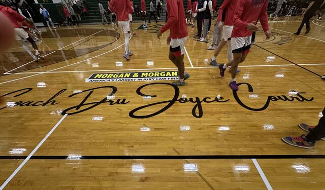 The court at LeBron James Arena, named for Dru Joyce II, the coach at St. Vincent-St. Mary High School and the father of Duquesne coach Dru Joyce III, shown Saturday.