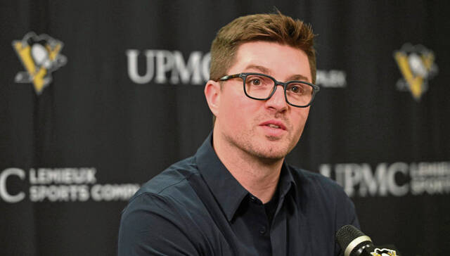 Penguins President of hockey operations Kyle Dubas speaks the the media April 19 at UPMC Lemieux Sports Complex.