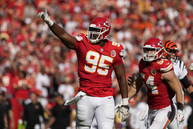 Kansas City Chiefs defensive tackle Chris Jones celebrates during a play earlier this season. Jones is inactive for Wednesday’s game against the Pittsburgh Steelers.