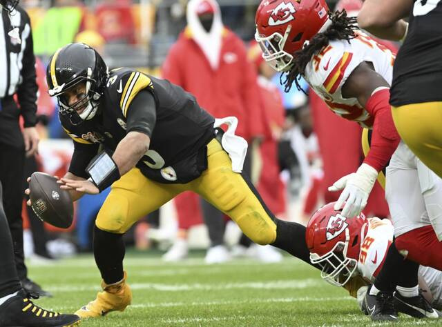 Steelers quarterback Russell Wilson is sacked by the Chiefs’ Tershawn Wharton in the third quarter Wednesday Dec. 25, 2024 at Acrisure Stadium.
                                Steelers quarterback Russell Wilson is sacked by the Chiefs’ Tershawn Wharton in the third quarter Wednesday Dec. 25, 2024 at Acrisure Stadium.