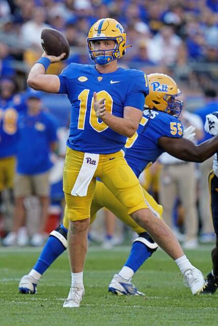 Pittsburgh quarterback Eli Holstein (10) throws during the first half of an NCAA college football game against West Virginia Saturday, Sept. 14, 2024, in Pittsburgh. (AP Photo/Matt Freed)