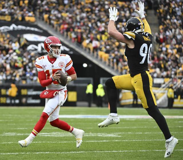 The Steelers’ T.J. Watt pressures Chiefs Patrick Mahomes in the fourth quarter Wednesday Dec. 25, 2024 at Acrisure Stadium.