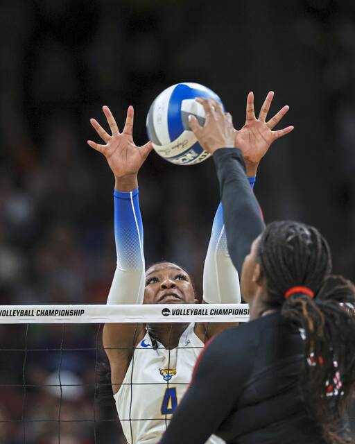 Pitt’s Torrey Stafford goes up for a block against Louisville during the national semifinals.