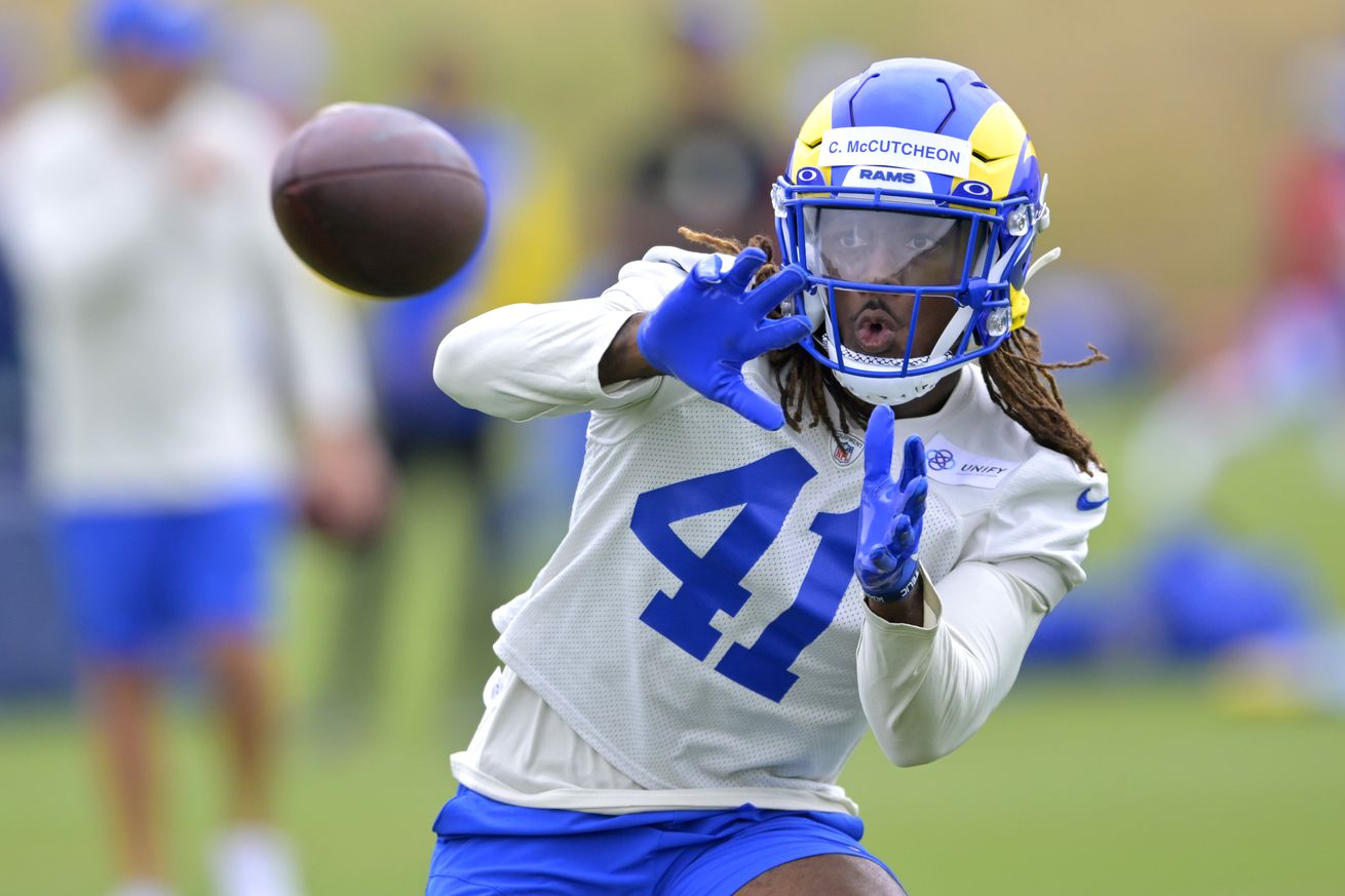 Cornerback Cameron McCutcheon #41 of the Los Angeles Rams catches a pass during off season workouts at California Lutheran University on May 23, 2023 in Thousand Oaks, California.