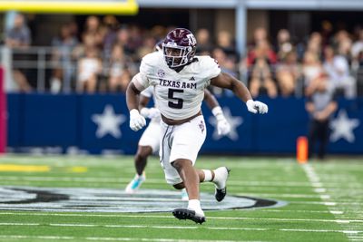 Texas A&M product Shemar Turner rushes the Arkansas Razorbacks quarterback during the Southwest Classic college football game in 2023.