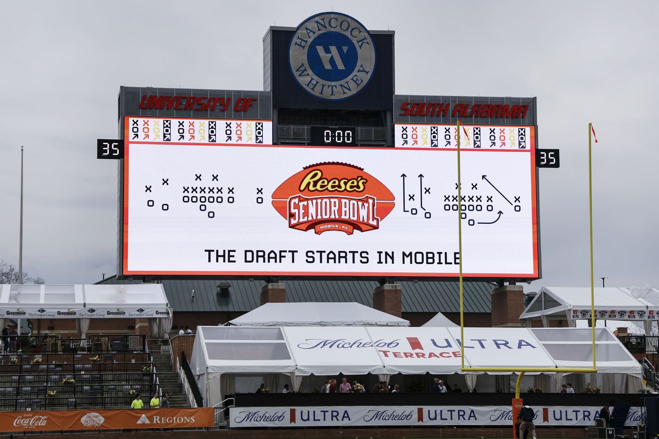 A general view of the score board sign The Draft Starts in Mobile from inside of Hancock Whitney Stadium on the campus of the University of South Alabama after the 2024 Reese’s Senior Bowl on February 3, 2024 in Mobile, Alabama. The National Team defeated the American Team 16 to 7.