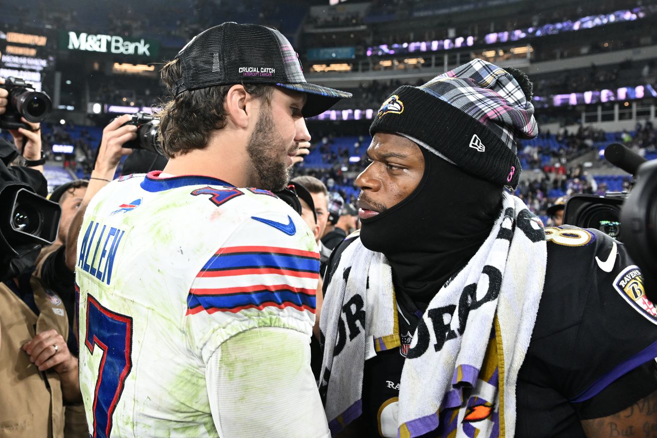 Josh Allen #17 of the Buffalo Bills and Lamar Jackson #8 of the Baltimore Ravens embrace after the game at M&T Bank Stadium on September 29, 2024 in Baltimore, Maryland.