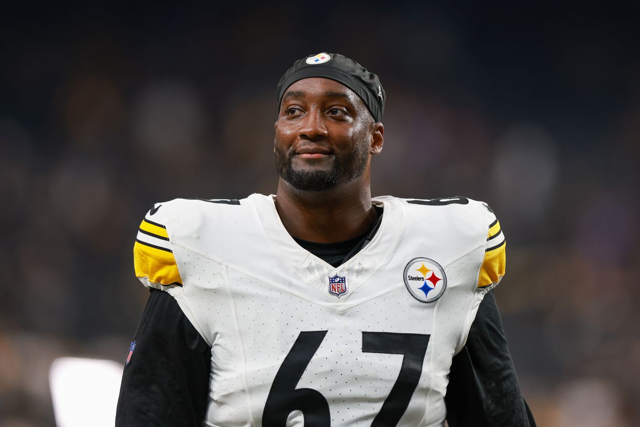 Pittsburgh Steelers offensive tackle Calvin Anderson (67) walks off the field after a NFL game between the Pittsburgh Steelers a d the Las Vegas Raiders on October 13, 2024, at Allegiant Stadium in Las Vegas, NV.