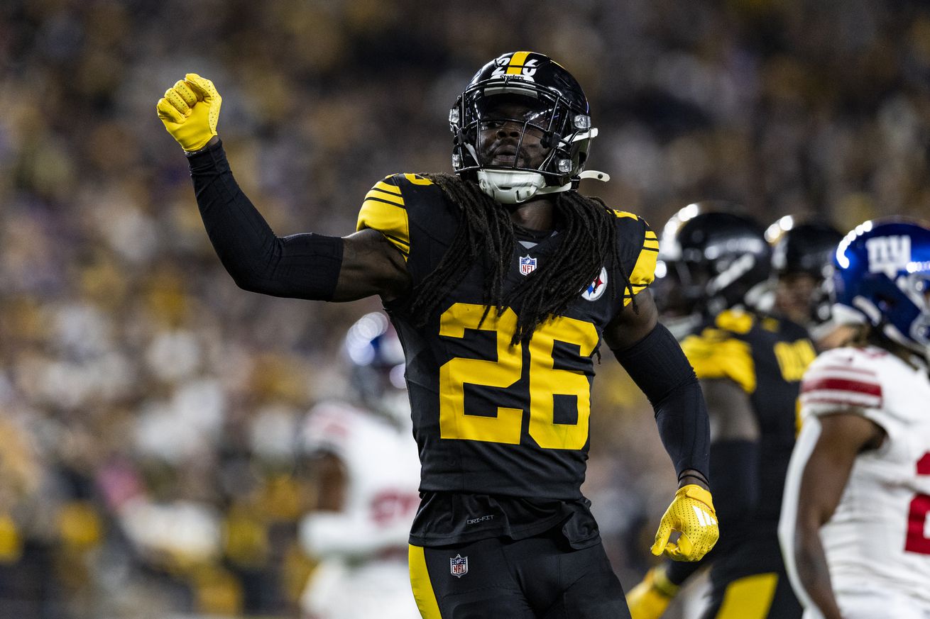 Donte Jackson #26 of the Pittsburgh Steelers celebrates a stop in the third quarter of the game against the New York Giants at Acrisure Stadium on October 28, 2024 in Pittsburgh, Pennsylvania. The Steelers beat the Giants 26-18.