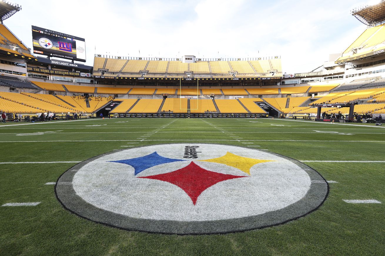 Detail view of the Steelers logo prior to an NFL football game between the New York Giants and the Pittsburgh Steelers at Acrisure Stadium on October 28, 2024 in Pittsburgh, Pennsylvania.