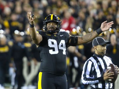 Iowa defensive lineman Yahya Black celebrates during a contest against the Wisconsin Badgers from Kinnick Stadium in 2024.