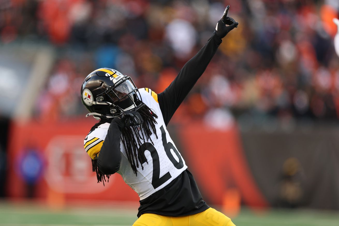 Donte Jackson #26 of the Pittsburgh Steelers celebrates after a fumble return for a Steelers touchdown against the Cincinnati Bengals during the fourth quarter at Paycor Stadium on December 01, 2024 in Cincinnati, Ohio.