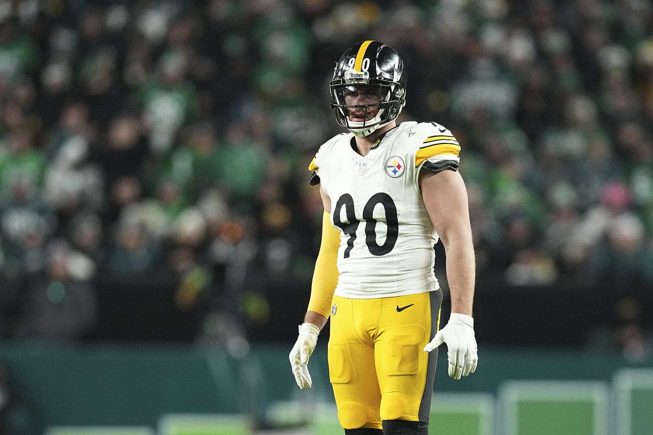 T.J. Watt #90 of the Pittsburgh Steelers looks on against the Philadelphia Eagles at Lincoln Financial Field on December 15, 2024 in Philadelphia, Pennsylvania.