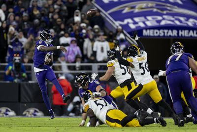 Lamar Jackson #8 of the Baltimore Ravens throws a pass during an NFL Football game against the Pittsburgh Steelers at M&T Bank Stadium on December 21, 2024 in Baltimore, Maryland.