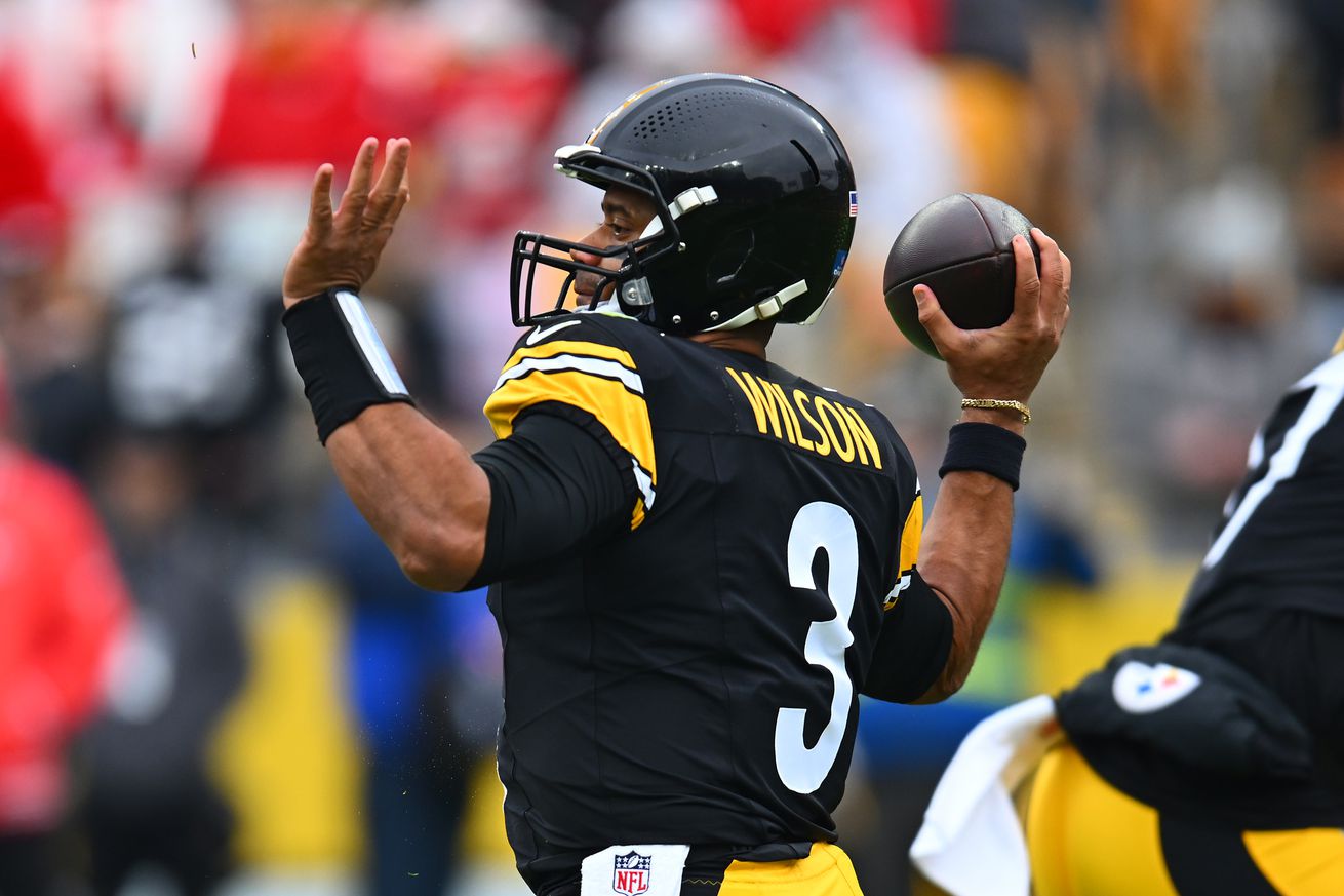 Russell Wilson #3 of the Pittsburgh Steelers throws a pass during the first quarter against the Kansas City Chiefs at Acrisure Stadium on December 25, 2024 in Pittsburgh, Pennsylvania.