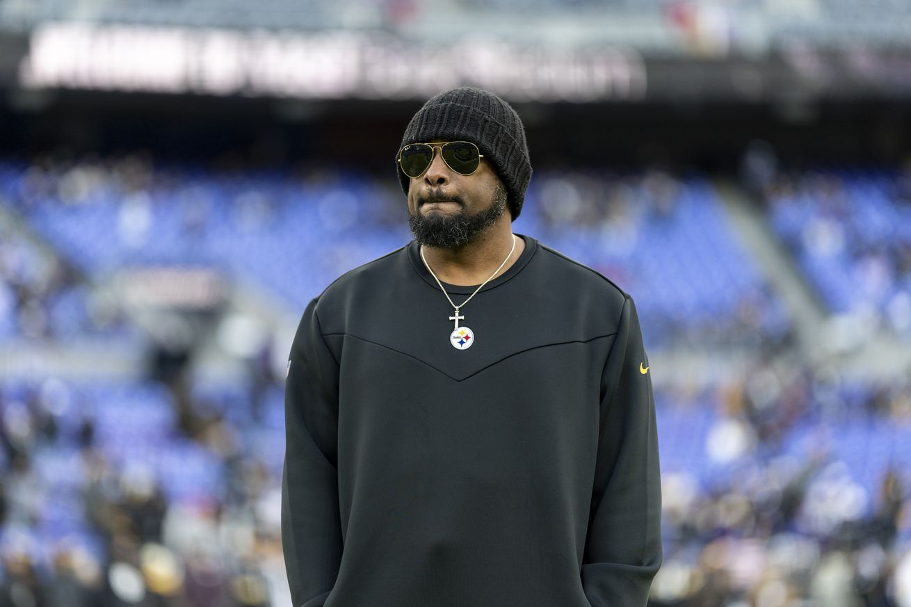 Head coach Mike Tomlin of the Pittsburgh Steelers looks on prior to an NFL Football game against the Baltimore Ravens at M&T Bank Stadium on December 21, 2024 in Baltimore, Maryland.