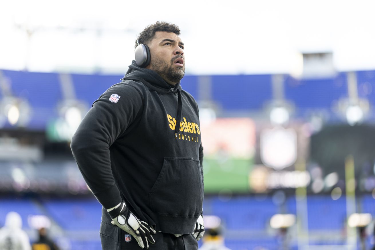 Cameron Heyward #97 of the Pittsburgh Steelers looks on prior to an NFL Football game against the Baltimore Ravens at M&T Bank Stadium on December 21, 2024 in Baltimore, Maryland.