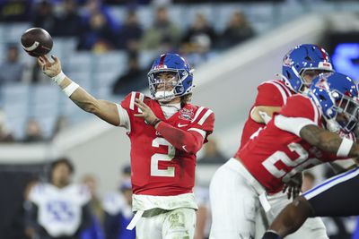 Ole Miss quarterback Jaxson Dart throws a pass in the second half of the 2025 Gator Bowl against the Duke Blue Devils.