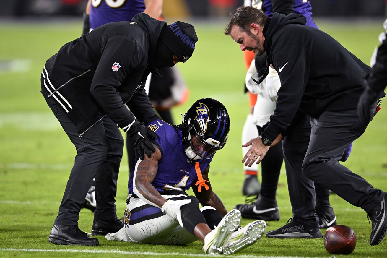 Baltimore Ravens wide receiver Zay Flowers labors an injury during the final regular season game of 2024 against the Cleveland Browns from M&T Bank Stadium.