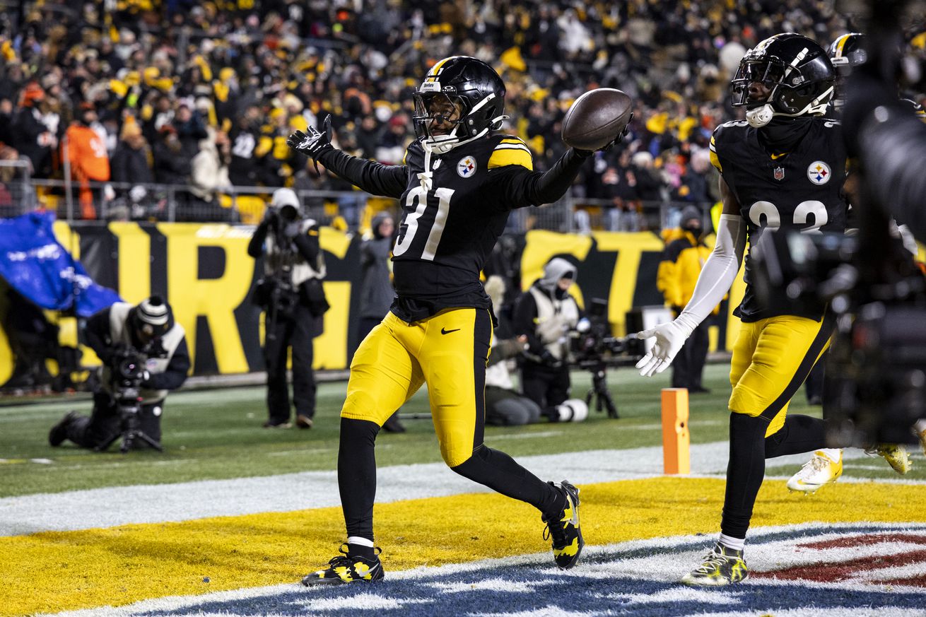 Beanie Bishop Jr. #31 of the Pittsburgh Steelers celebrates an interception in the third quarter of the game against the Cincinnati Bengals at Acrisure Stadium on January 4, 2025 in Pittsburgh, Pennsylvania. The Bengals beat the Steelers 19-17.