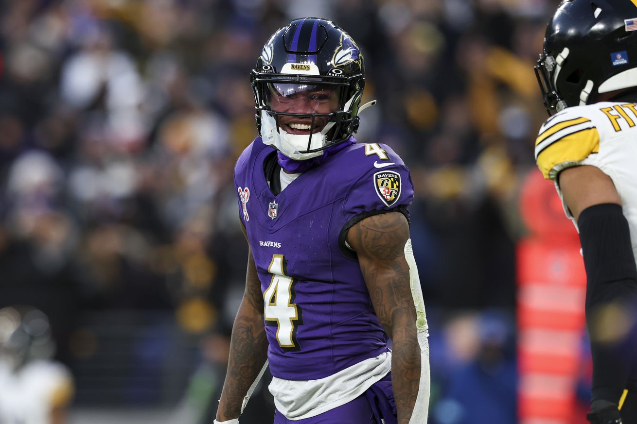 Zay Flowers #4 of the Baltimore Ravens smiles after a play during a game against the Pittsburgh Steelers at M&T Bank Stadium on December 21, 2024 in Baltimore, Maryland. The Ravens defeated the Steelers 34-17.