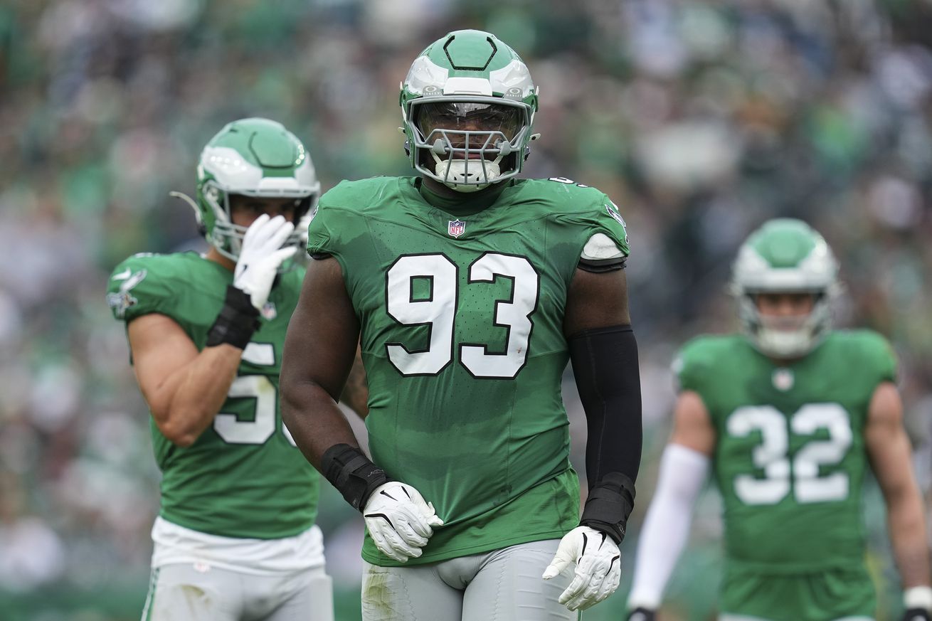 Milton Williams #93 of the Philadelphia Eagles looks on against the Dallas Cowboys at Lincoln Financial Field on December 29, 2024 in Philadelphia, Pennsylvania.