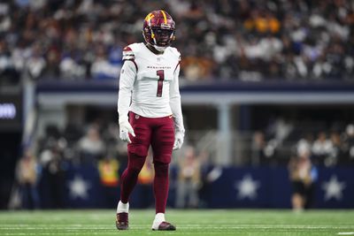 Noah Igbinoghene #1 of the Washington Commanders lines up before the snap during an NFL football game against the Dallas Cowboys at AT&T Stadium on January 5, 2025 in Arlington, Texas.